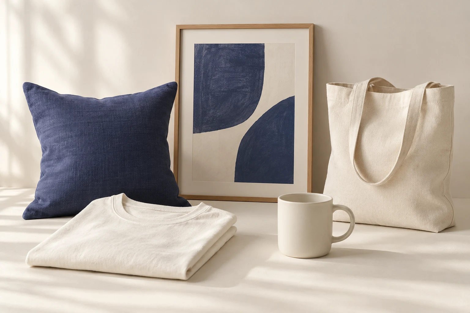 Illustrative studio arrangement of an ivory T-shirt, indigo cushion, ceramic mug, framed print and canvas tote